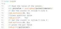 A screen capture of part of a program to control a grove display and sensors running on an Arduino Uno.