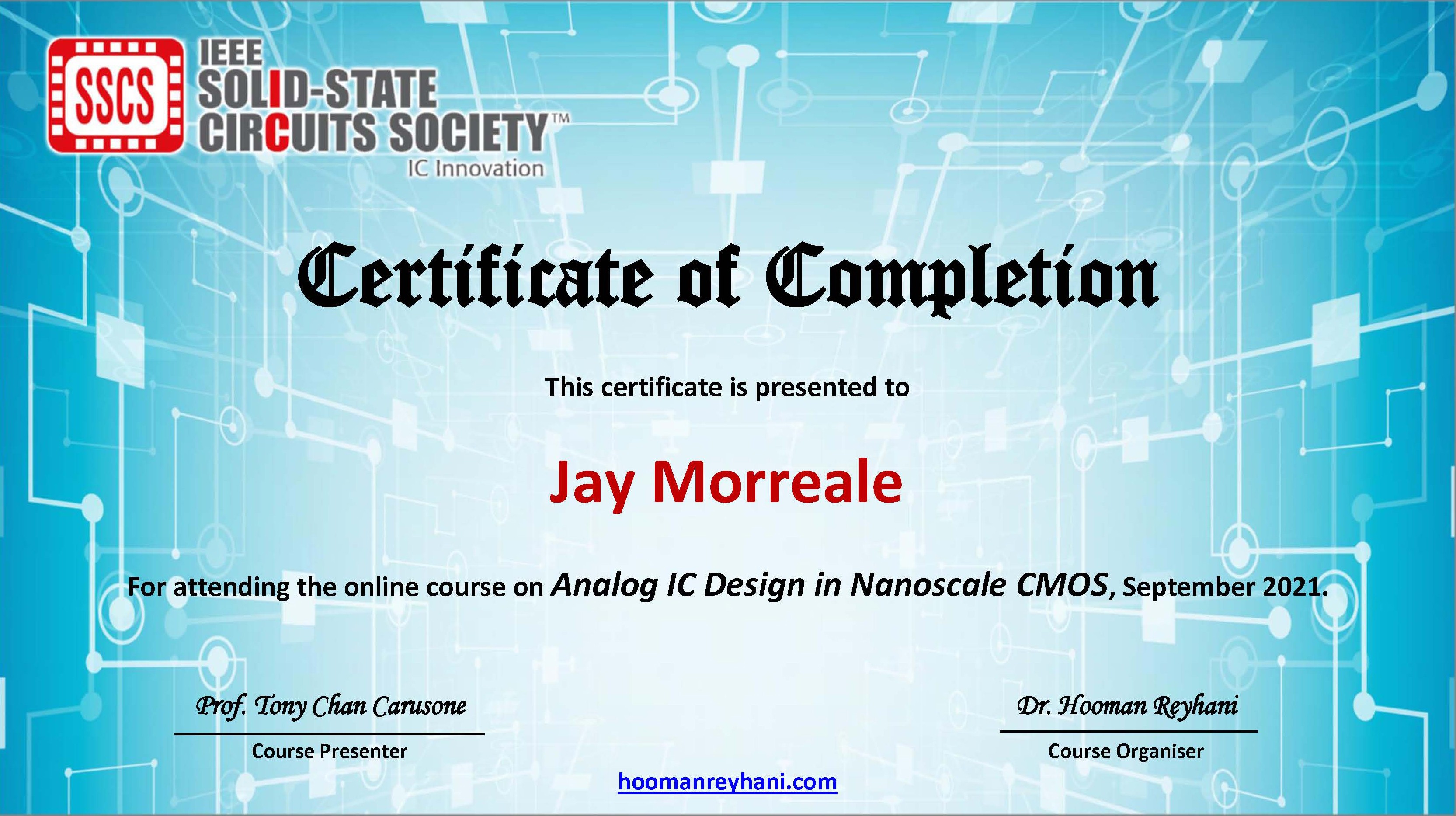 figure 30 Analog IC Design Course certificate